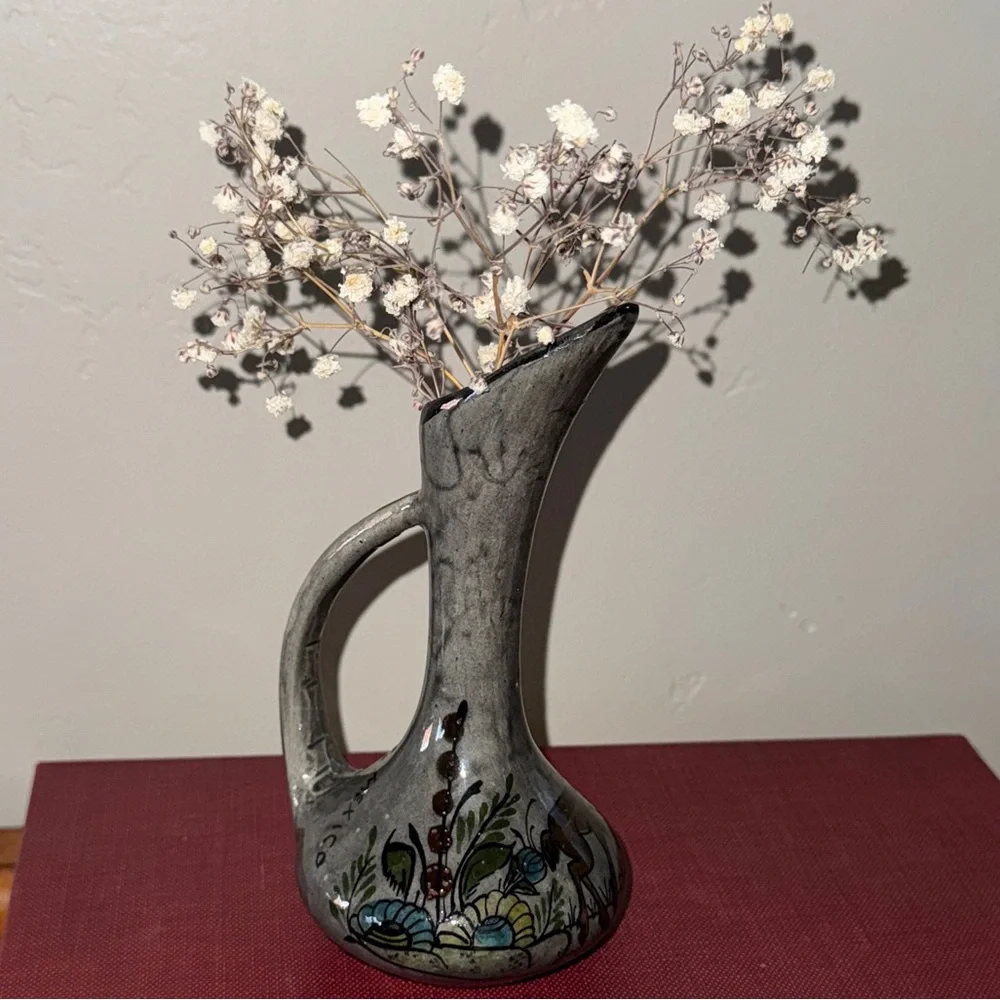 Vintage Handcrafted Mexican Floral Animal Folk Art Pottery Vase Glazed Marked